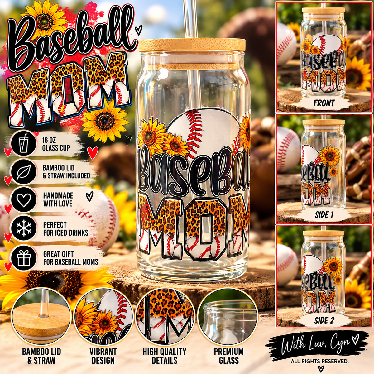 ⚾ Baseball Mom Glass Tumbler with Bamboo Lid & Straw 🌻