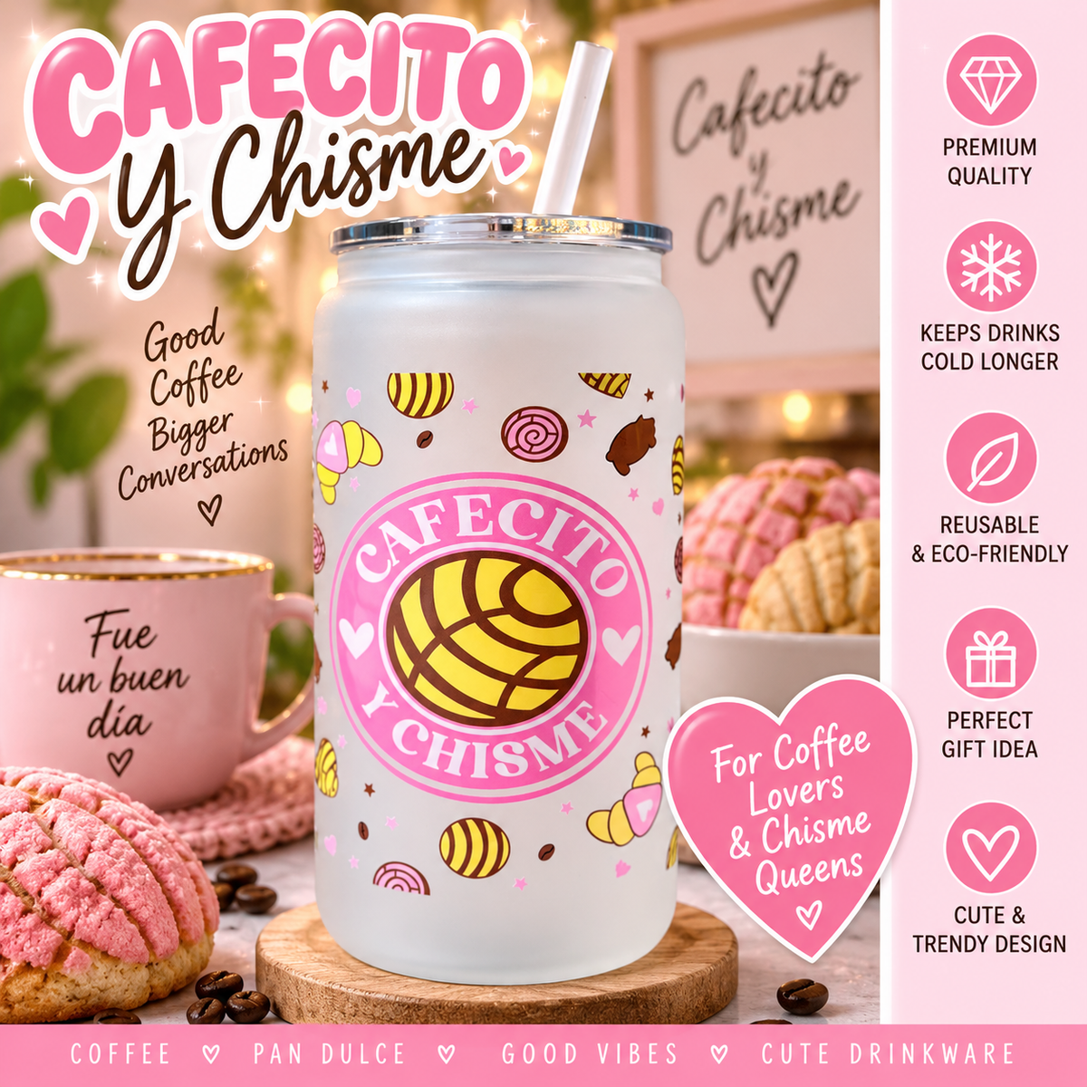 16oz Frosted Glass Tumbler, Cafecito y Chisme Coffee Lover Drinkware (Handmade)