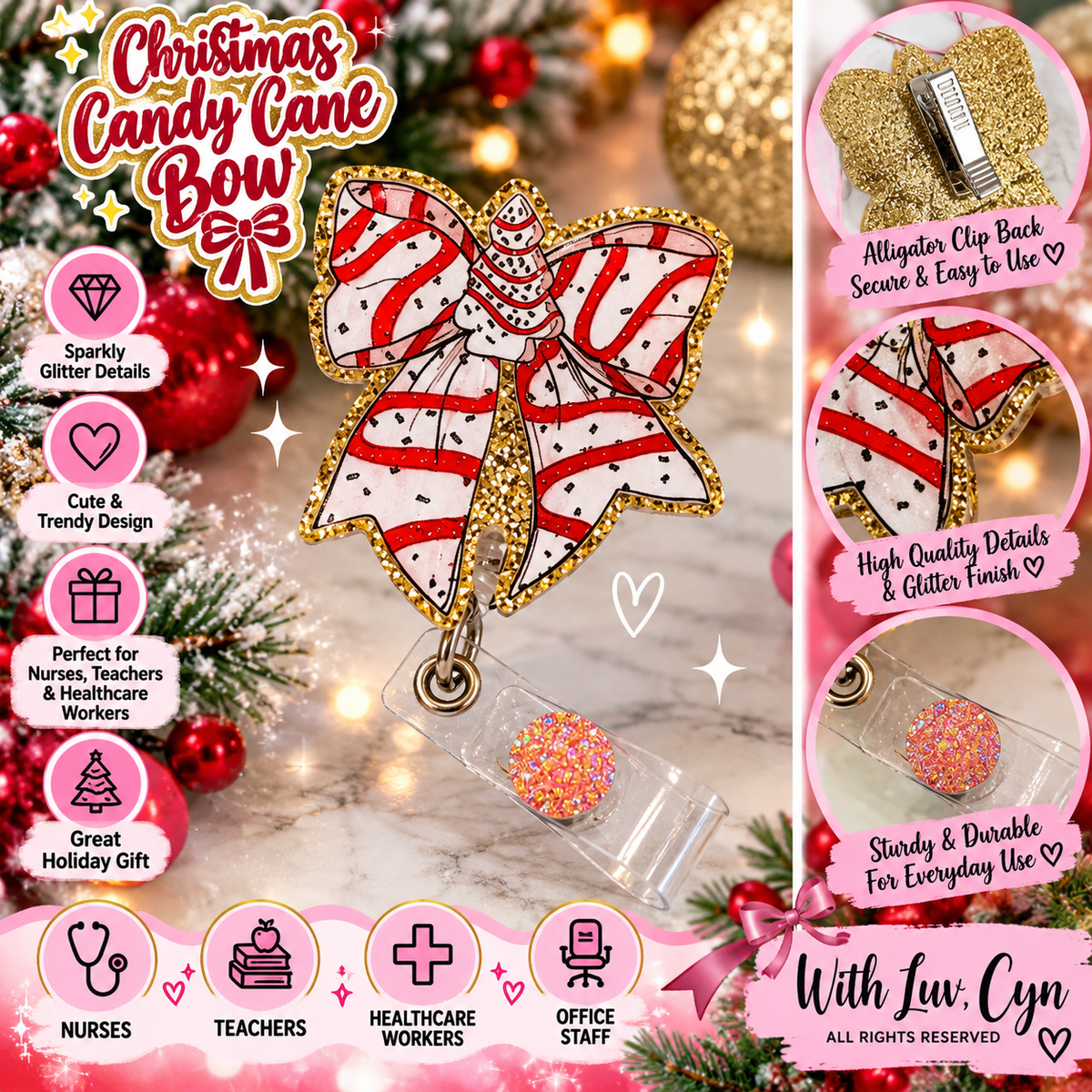 Christmas Candy Cane Bow Badge Reel | Holiday Alligator Clip Badge Holder | Glitter Christmas Badge Clip | Nurse Teacher Gift