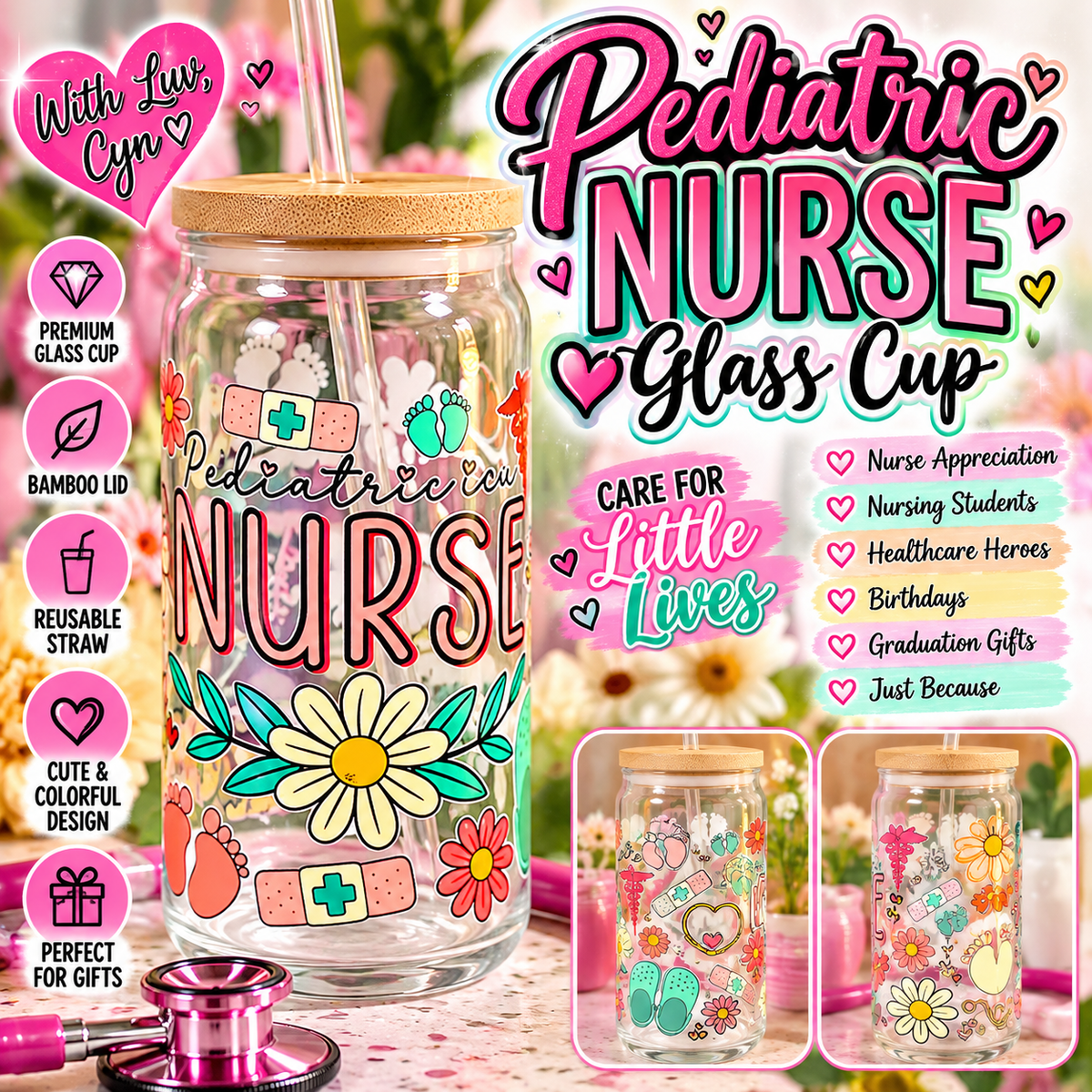 🌼 Pediatric Nurse Glass Cup | Handmade Nurse Gift