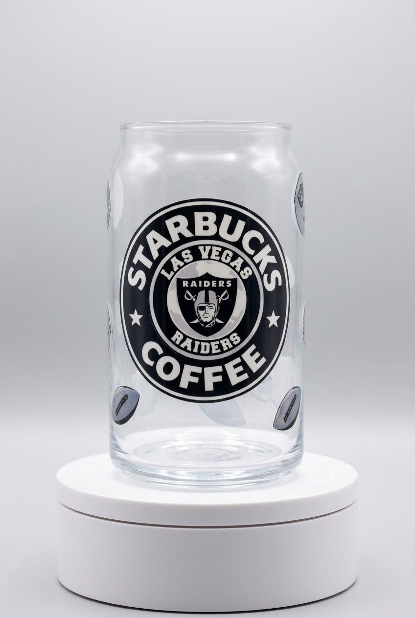 **🏈 Las Vegas Raiders Coffee Glass \| Handmade Football Fan Cup \| Black & Silver Raiders Gift**