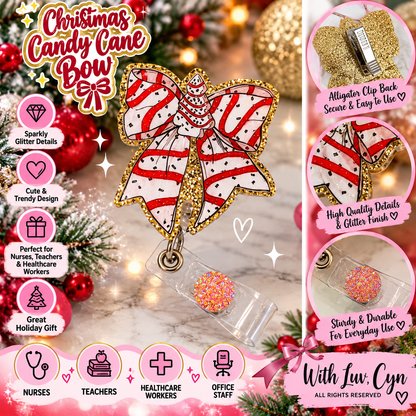 Christmas Candy Cane Bow Badge Reel | Holiday Alligator Clip Badge Holder | Glitter Christmas Badge Clip | Nurse Teacher Gift