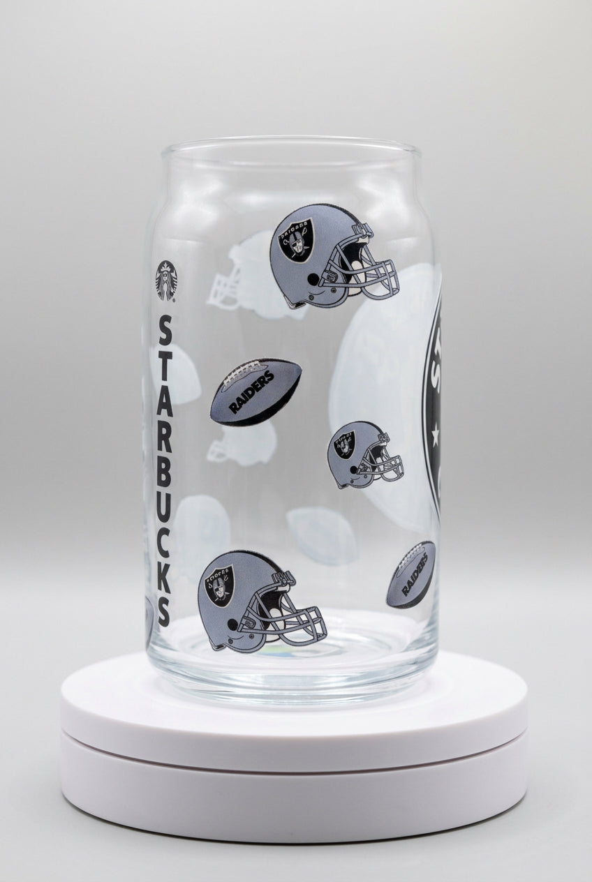 **🏈 Las Vegas Raiders Coffee Glass \| Handmade Football Fan Cup \| Black & Silver Raiders Gift**