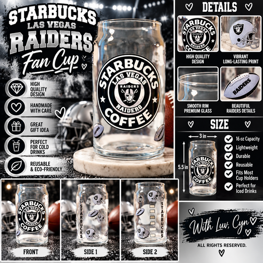 **🏈 Las Vegas Raiders Coffee Glass \| Handmade Football Fan Cup \| Black & Silver Raiders Gift**