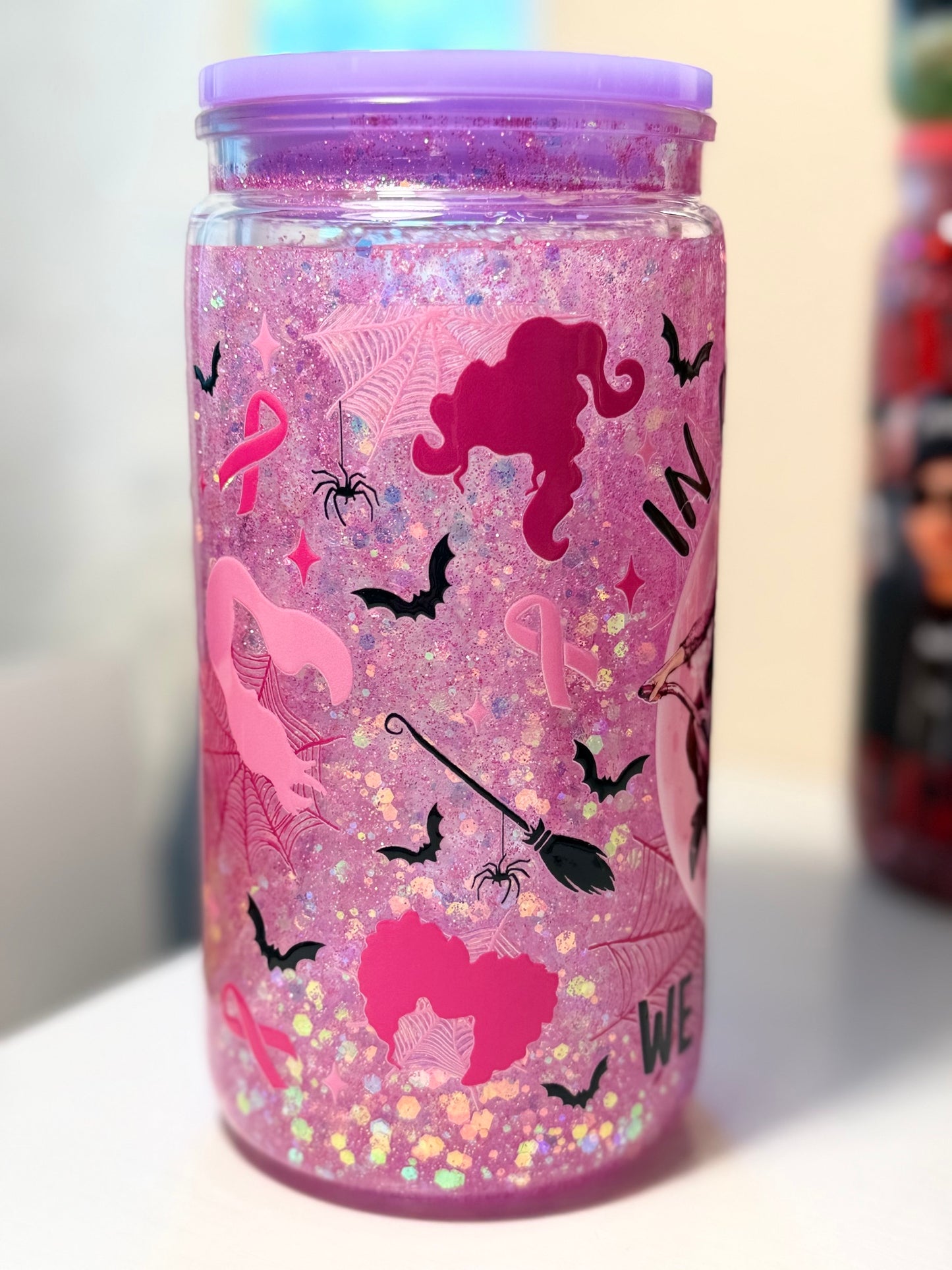 Breast Cancer Awareness Hocus Pocus Snow Globe Cup - glitter detail view