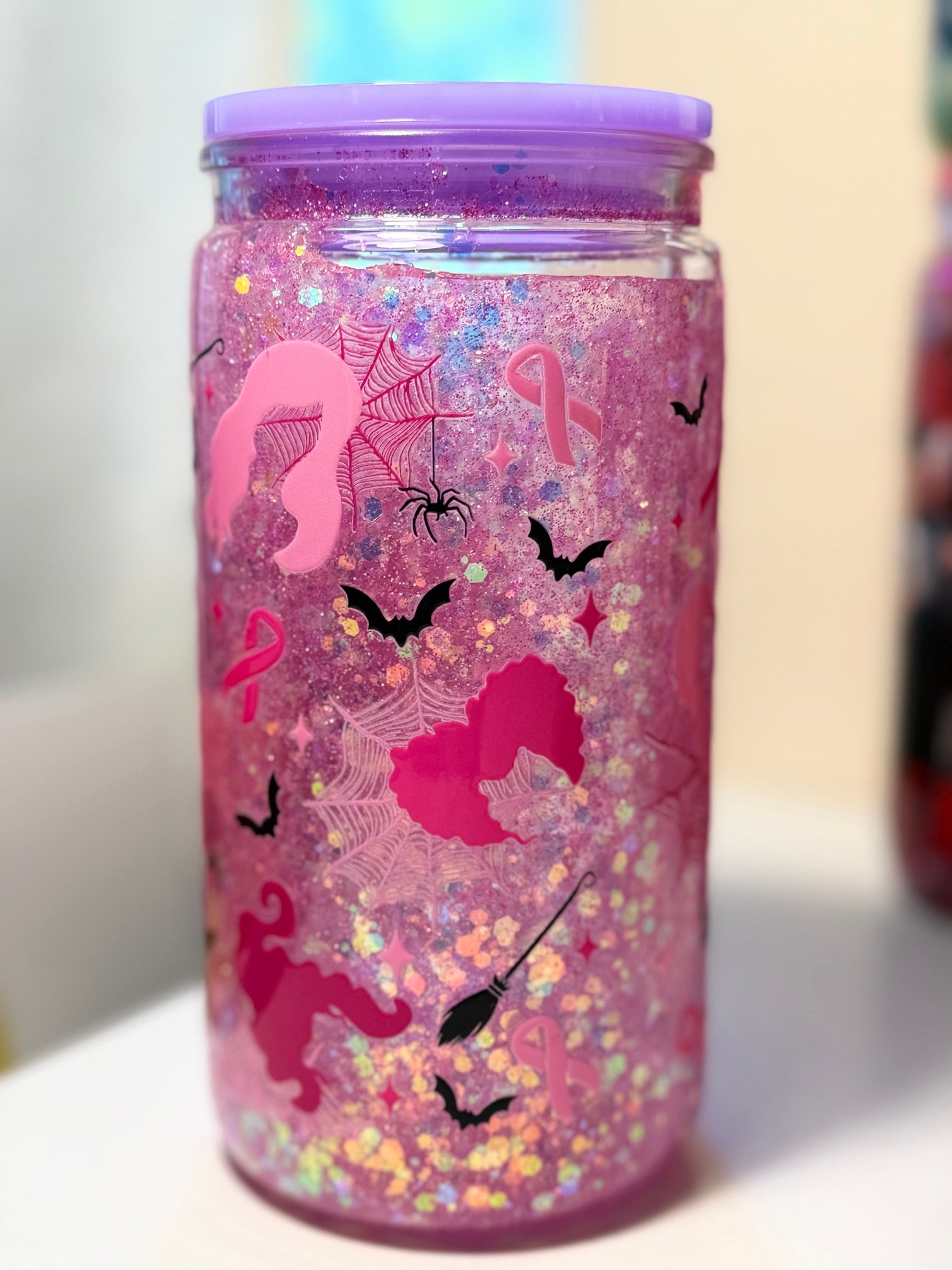 Breast Cancer Awareness Hocus Pocus Snow Globe Cup - front view with witches