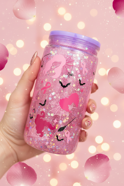 Person holding the Breast Cancer Awareness Hocus Pocus Snow Globe Cup