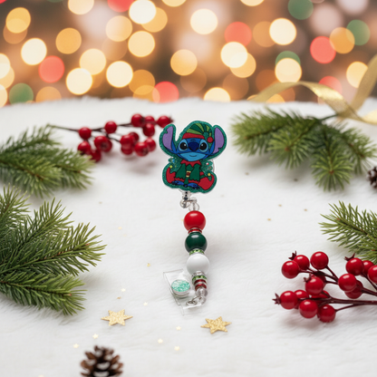 Stitch Christmas Badge Reel - styled holiday product shot